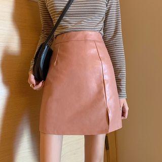 Faux Leather High-waist Side-slit Mini Skirt