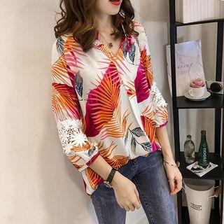 Leaf Print 3/4-sleeve Blouse