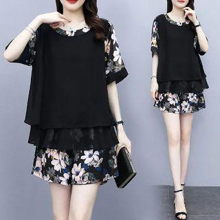 Short-sleeve Floral Print Chiffon Blouse / Shorts / Set