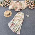 Set Of 2 : Flower Print Short-sleeve Top + Print Asymmetrical Drawstring Maxi Skirt