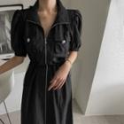 Zip-up Drawcord Long Dress Black - One Size
