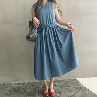 Sleeveless Gathered-waist Long Denim Dress