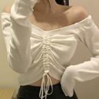 Long-sleeve Off-shoulder Drawstring T-shirt