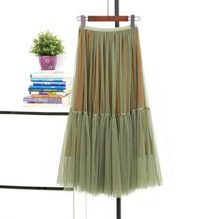 Mesh Overlay Midi Skirt Army Green - One Size