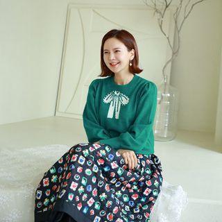 Bishop-sleeve Ribbon Knit Top