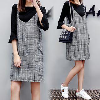 Set: Plaid Pinafore Mini Dress + 3/4-sleeve Knit Top
