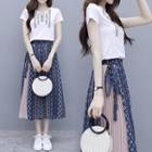 Set: Short-sleeve Floral T-shirt + Print A-line Midi Skirt