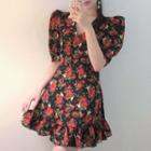 Short-sleeve Floral Mini Dress Red - One Size