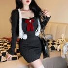 Set: Furry-trim Cardigan + Spaghetti Strap Bow-detail Knit Mini Dress