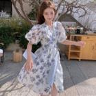 Bubble Sleeve V-neck Floral Print Mini A-line Dress