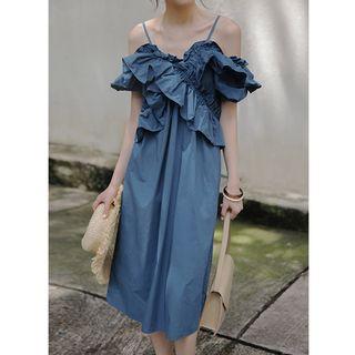Elbow-sleeve Cold Shoulder Ruffled Midi Dress