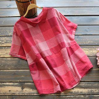 Short-sleeve Gingham Organza Blouse