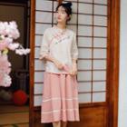 Set: Contrast Trim Embroidered Elbow-sleeve Hanfu Top + Skirt