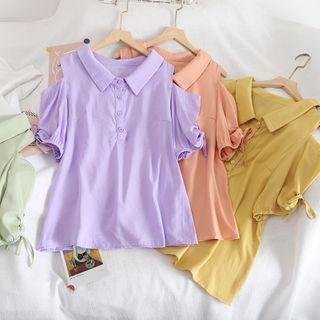 Tie-cuff Cutout Shoulder Plain Top