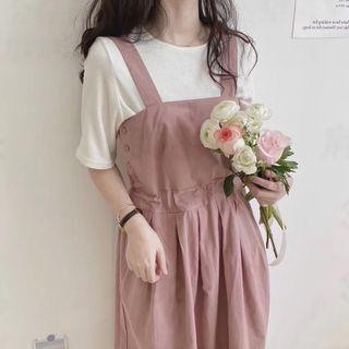Striped T-shirt / Midi A-line Overall Dress / Set