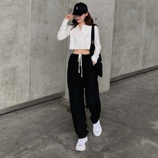 Long-sleeve Buttoned Knit Top / Drawstring Harem Pants
