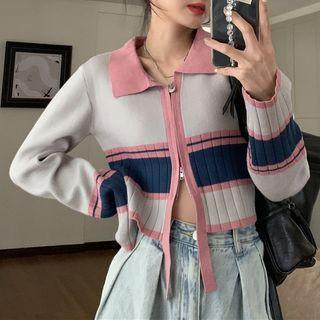Color Block Long-sleeve Cropped Cardigan Pink & White - One Size