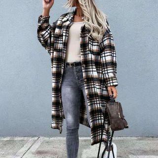Long-sleeve Plaid Pocketed Long Shirt Jacket
