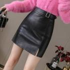 Faux Leather Slit Mini Pencil Skirt