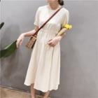 Drawstring Short-sleeve Midi A-line Dress Almond - One Size