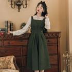 Long-sleeve Collared Blouse / Midi A-line Overall Dress / Set