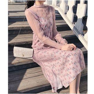 Set: Plain Long Sleeve Mesh Top + Floral Print Spaghetti Strap Midi Dress