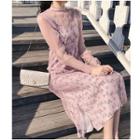 Set: Plain Long Sleeve Mesh Top + Floral Print Spaghetti Strap Midi Dress