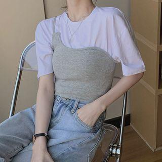 Short-sleeve Mock Two Piece T-shirt T-shirt - White & Gray - One Size