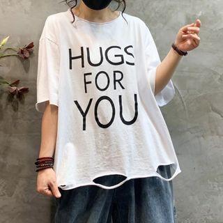 Short Sleeve Lettering Print Distressed T-shirt