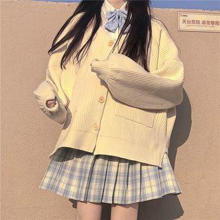 Oversize Cardigan / Plaid Mini Pleated Skirt / Shirt