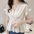 Ruffle-sleeve Short-sleeve V Neck Striped Blouse Top