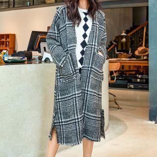 Plaid Tweed Long Open Coat