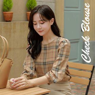 Puff-sleeve Textured Plaid Blouse