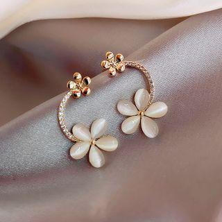 Flower Cat Eye Stone Earring 1 Pair - Earring - Silver - Cat Eye & Flower - Gold - One Size