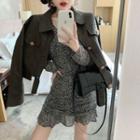 Faux-leather Crop Jacket / Leopard Print Long-sleeve Slim-fit Dress