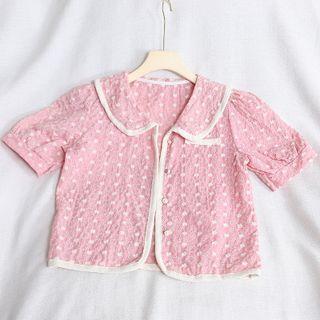 Puff-sleeve Floral Print Eyelet Lace Blouse