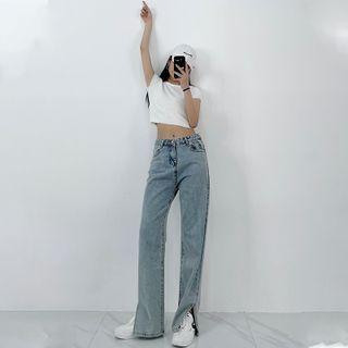 High-waist Slit-hem Shift Jeans