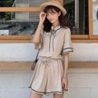 Set: Short-sleeve Blouse + Wide Leg Shorts