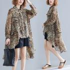 Long-sleeve Irregular Sheer Leopard Print Shirt Leopard - One Size