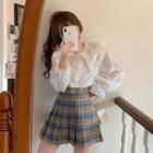 Bell-sleeve Ruffled Blouse / Plaid Pleated Mini A-line Skirt