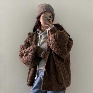 Hooded Zip Cable Knit Jacket