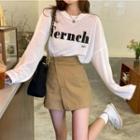 Round-neck Lettering Long-sleeve T-shirt / High-waist Pocket-detail A-line Mini Skirt