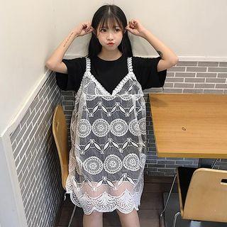 Set: Short-sleeve T-shirt Dress + Lace Strappy Dress