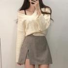 V-neck Cable-knit Sweater / Side-slit Mini A-line Skirt