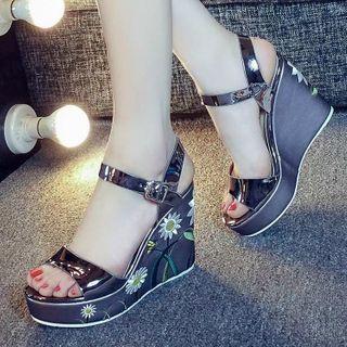 Ankle Strap Floral Embroidered Platform Wedge Heel Sandals