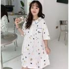 Printed Elbow-sleeve A-line Dress White - One Size