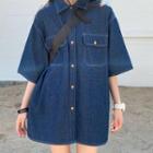 Elbow-sleeve Contrast Stitching Denim Shirt As Shown In Figure - One Size