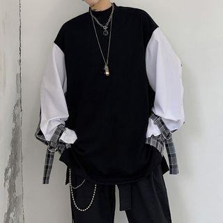 Plaid Panel Buckled Cuff Pullover