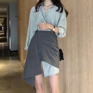 Long-sleeve Mini Shirtdress / Asymmetric Mini A-line Skirt
