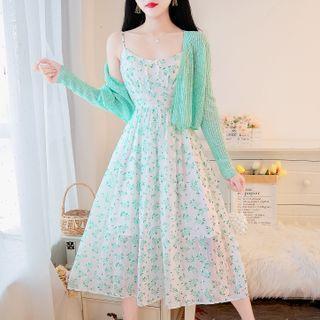 Cardigan / Sleeveless Print A-line Dress